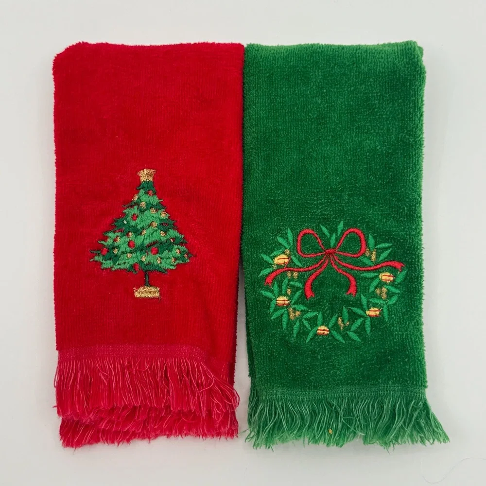 Vtg 70s Fieldcrest Guest Towels SET 2 Powder Room Christmas Tree Holiday Wreath